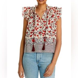 AQUA FLORAL FLUTTER SLEEVE TASSEL TOP, M
